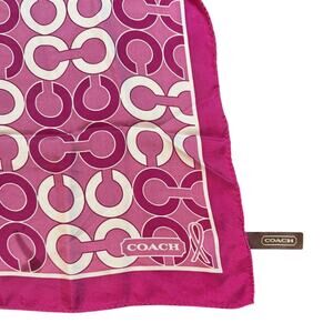 Coach Silk Scarf Fuchsia and Cream Signature Print with Cancer Awareness Ribbon
